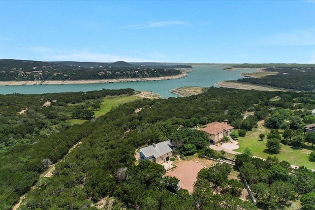 8207 Moon Rise Trl, Jonestown, TX 78645 - aerial view of property and surrounding area with a large body of water and a heavily wooded area