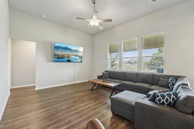 357 Cathedral Mountain Dr, Dripping Springs, TX 78620 - living room with wood finished floors, ceiling fan, and baseboards