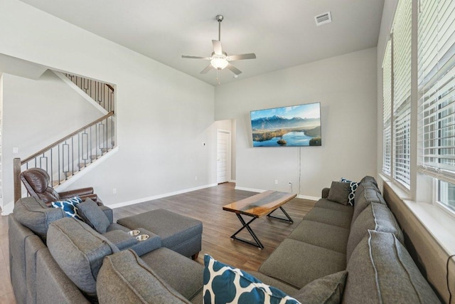 357 Cathedral Mountain Dr, Dripping Springs, TX 78620 - living area featuring stairway, a ceiling fan, wood finished floors, and baseboards