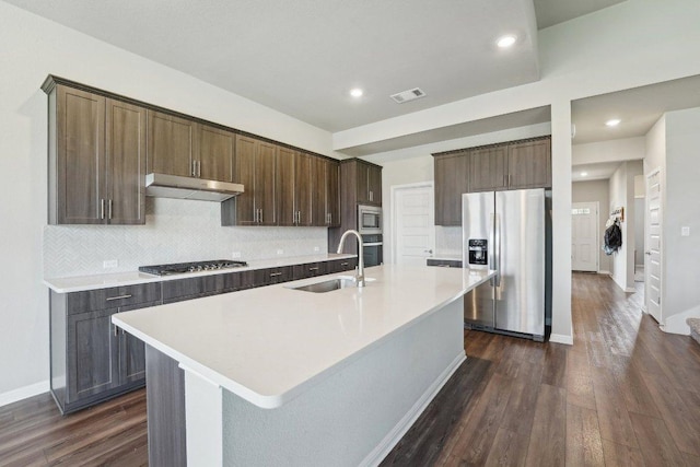 357 Cathedral Mountain Dr, Dripping Springs, TX 78620 - kitchen featuring stainless steel appliances, under cabinet range hood, a sink, a kitchen island with sink, and decorative backsplash