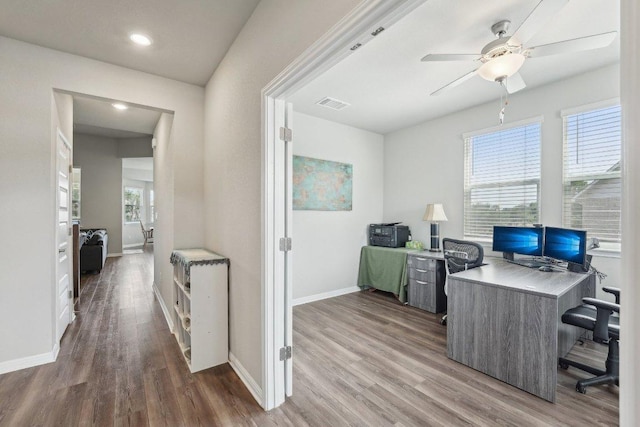 357 Cathedral Mountain Dr, Dripping Springs, TX 78620 - office area featuring ceiling fan, wood finished floors, baseboards, and recessed lighting
