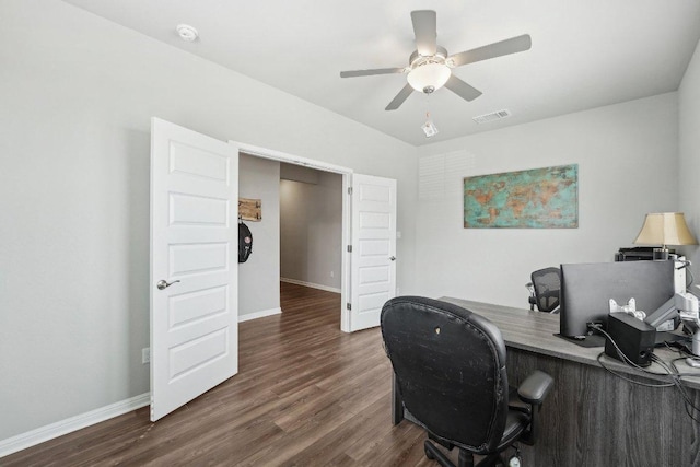 357 Cathedral Mountain Dr, Dripping Springs, TX 78620 - home office featuring dark wood-style floors, ceiling fan, and baseboards