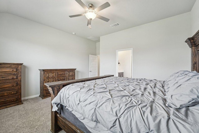 357 Cathedral Mountain Dr, Dripping Springs, TX 78620 - bedroom with light carpet, vaulted ceiling, a ceiling fan, baseboards, and ensuite bathroom