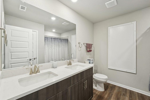 357 Cathedral Mountain Dr, Dripping Springs, TX 78620 - bathroom with double vanity, baseboards, toilet, wood finished floors, and recessed lighting