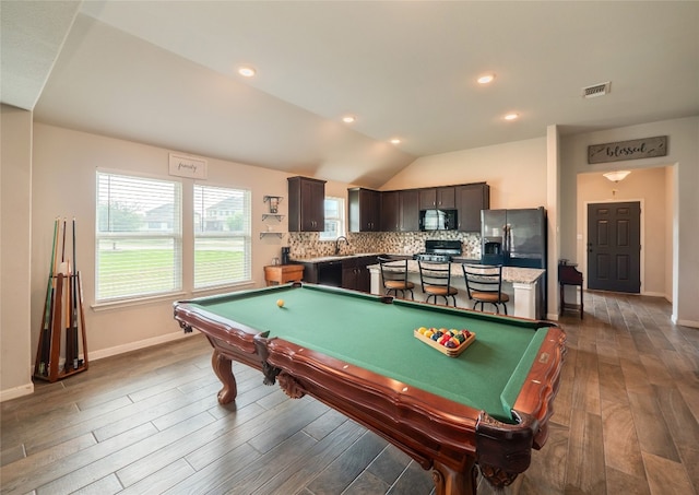 7632 Lombardy Loop, Round Rock, TX 78665 - recreation room with baseboards, pool table, dark wood-style floors, a sink, and lofted ceiling