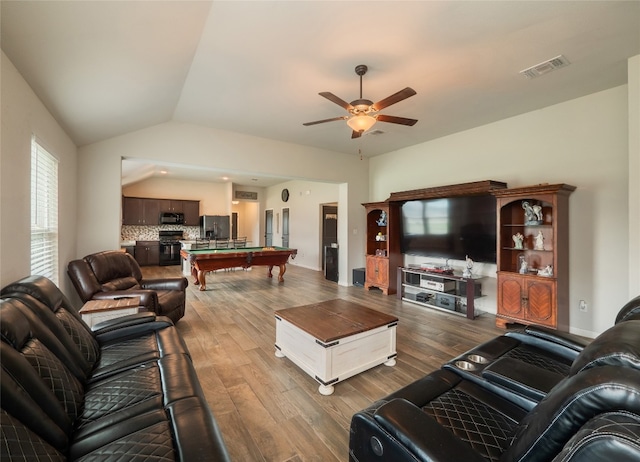 7632 Lombardy Loop, Round Rock, TX 78665 - living area with billiards, ceiling fan, dark wood-style floors, and vaulted ceiling