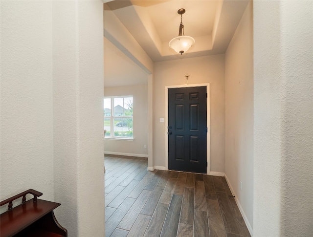 7632 Lombardy Loop, Round Rock, TX 78665 - entryway featuring a raised ceiling, dark wood-type flooring, and baseboards