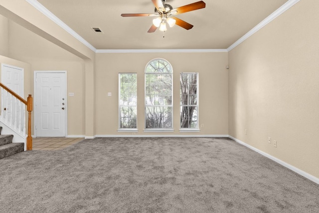 118 Lone Shadow Dr, Harker Heights, TX 76548 - unfurnished room with carpet floors, ornamental molding, ceiling fan, stairs, and baseboards