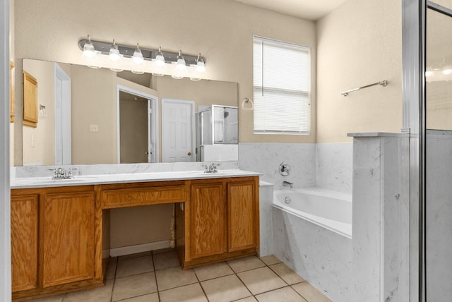 118 Lone Shadow Dr, Harker Heights, TX 76548 - bathroom featuring a garden tub, a shower stall, double vanity, and tile patterned flooring