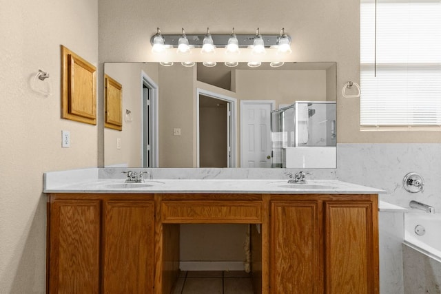 118 Lone Shadow Dr, Harker Heights, TX 76548 - full bathroom featuring a stall shower, double vanity, a bath, and tile patterned floors