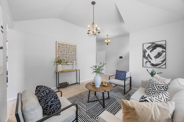 805 Meadow Bluff Ct, Round Rock, TX 78665 - living room featuring a chandelier, carpet flooring, and vaulted ceiling