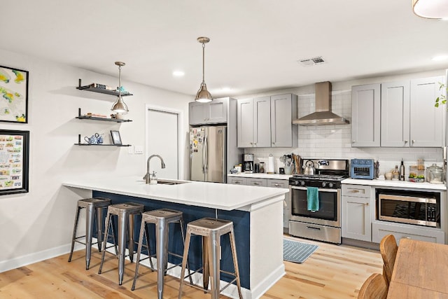 4708 Turnstone Dr, Austin, TX 78744 - kitchen featuring appliances with stainless steel finishes, wall chimney range hood, a sink, a kitchen bar, and gray cabinets