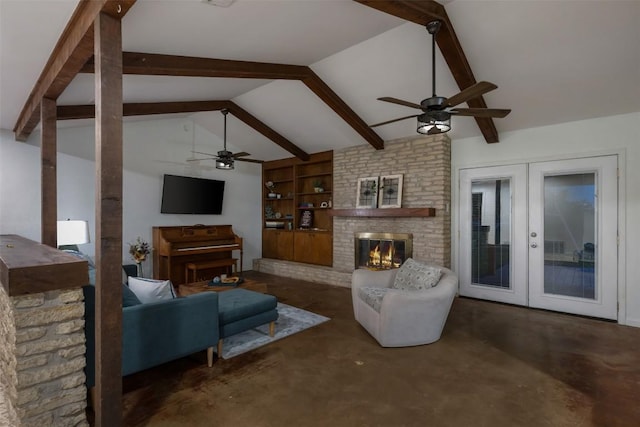 250 Porter Ln, Leander, TX 78641 - living area featuring a ceiling fan, french doors, concrete floors, built in shelves, and a brick fireplace