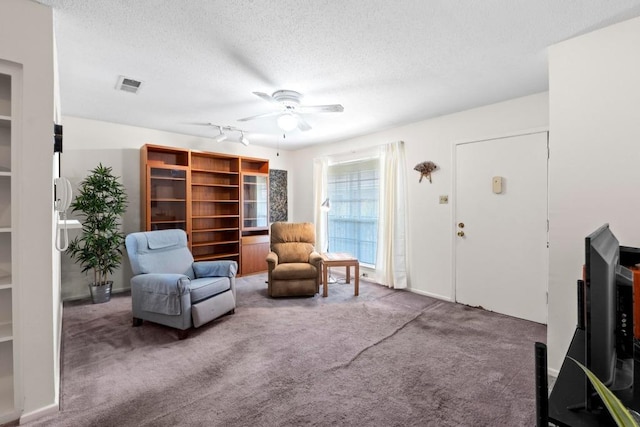 7920 Rockwood Ln Unit 232, Austin, TX 78757 - living area featuring carpet floors, a textured ceiling, ceiling fan, and track lighting