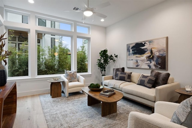 900 S 2nd St Unit 20, Austin, TX 78704 - living room featuring ceiling fan, wood finished floors, recessed lighting, and baseboards