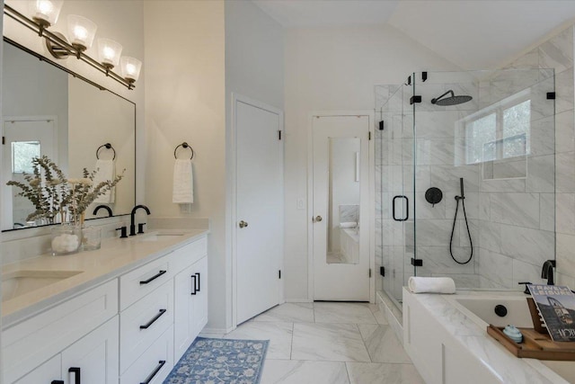 10807 Pinkney Ln, Austin, TX 78739 - full bathroom featuring a garden tub, double vanity, a stall shower, healthy amount of natural light, and vaulted ceiling