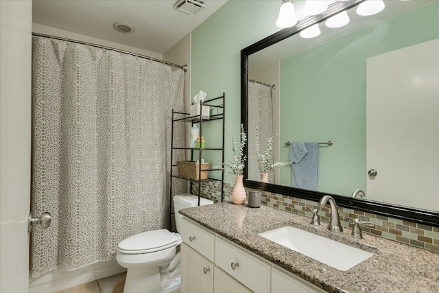 10807 Pinkney Ln, Austin, TX 78739 - full bath featuring vanity, toilet, tasteful backsplash, tile patterned flooring, and a shower with shower curtain