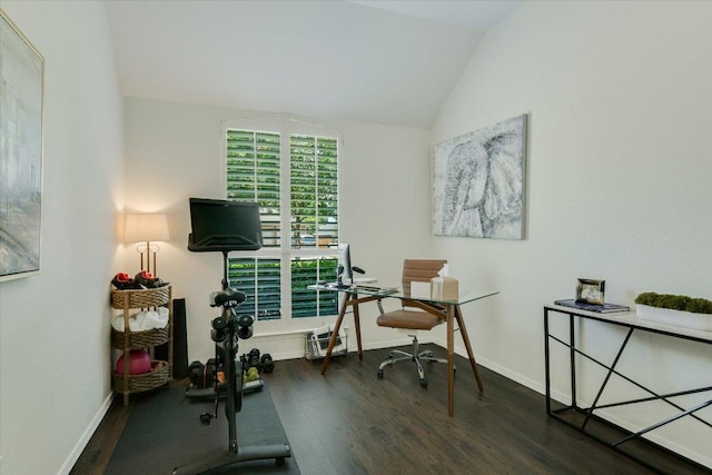 10807 Pinkney Ln, Austin, TX 78739 - home office with wood finished floors, lofted ceiling, and baseboards