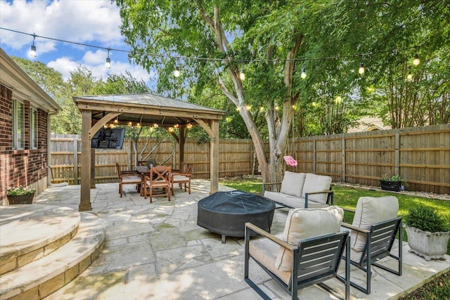 10807 Pinkney Ln, Austin, TX 78739 - fenced backyard featuring a gazebo, an outdoor living space with a fire pit, and a patio