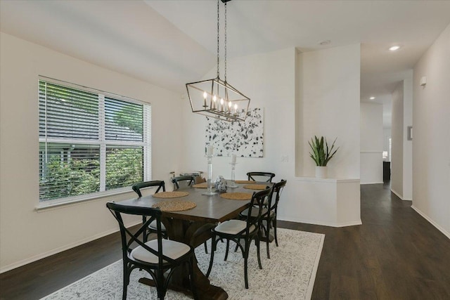 10807 Pinkney Ln, Austin, TX 78739 - dining room featuring dark wood-style flooring, baseboards, a chandelier, and recessed lighting