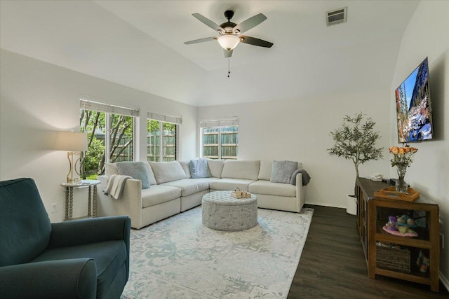 10807 Pinkney Ln, Austin, TX 78739 - living area featuring wood finished floors, a ceiling fan, lofted ceiling, and baseboards