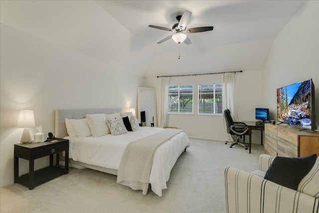 10807 Pinkney Ln, Austin, TX 78739 - bedroom with lofted ceiling, light carpet, a desk, and a ceiling fan