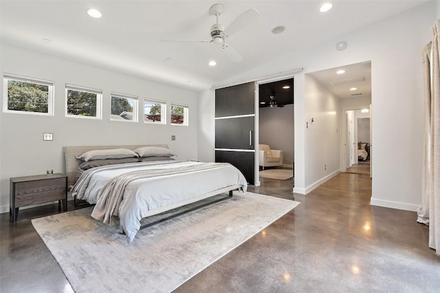 7517 Saint Louis St, Austin, TX 78757 - bedroom featuring concrete floors, recessed lighting, baseboards, lofted ceiling, and ensuite bathroom