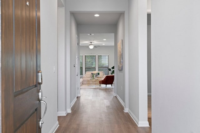 9904 Comely Bnd, Manor, TX 78653 - foyer entrance featuring dark wood-style flooring, a ceiling fan, and recessed lighting