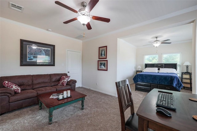 1317 Gaviota Ln, Leander, TX 78641 - carpeted bedroom featuring crown molding, baseboards, and a ceiling fan