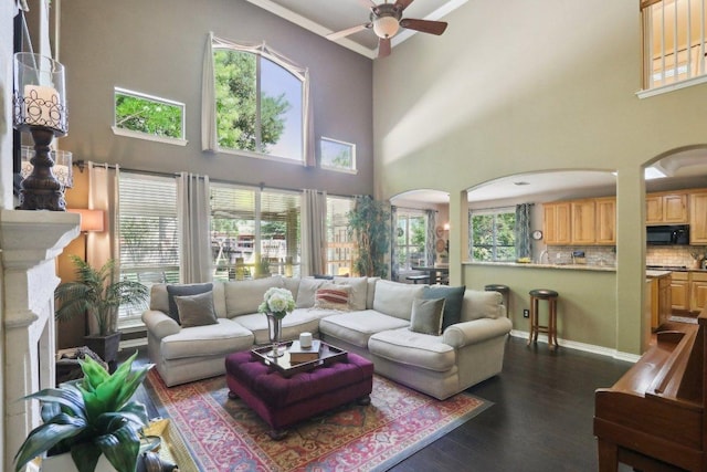 20737 Kearney Hill Rd, Pflugerville, TX 78660 - living room featuring arched walkways, a ceiling fan, ornamental molding, dark wood-type flooring, and a towering ceiling