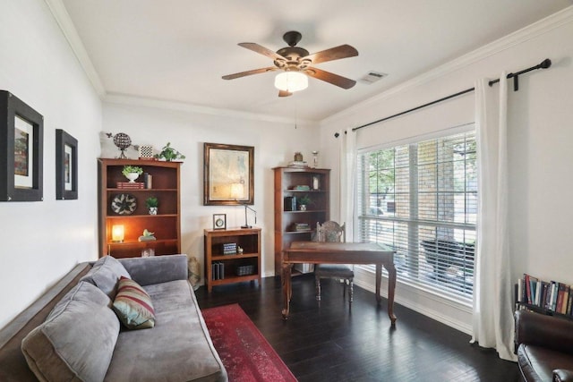 20737 Kearney Hill Rd, Pflugerville, TX 78660 - office featuring ceiling fan, dark wood-type flooring, and ornamental molding