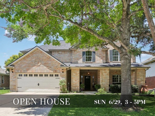 20737 Kearney Hill Rd, Pflugerville, TX 78660 - traditional-style house featuring a garage, brick siding, driveway, and a front lawn