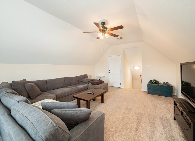7 Redwood Cir, Wimberley, TX 78676 - living room featuring light colored carpet, ceiling fan, and lofted ceiling