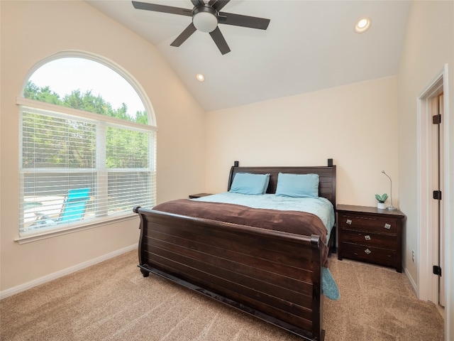 7 Redwood Cir, Wimberley, TX 78676 - carpeted bedroom with vaulted ceiling, baseboards, recessed lighting, and a ceiling fan