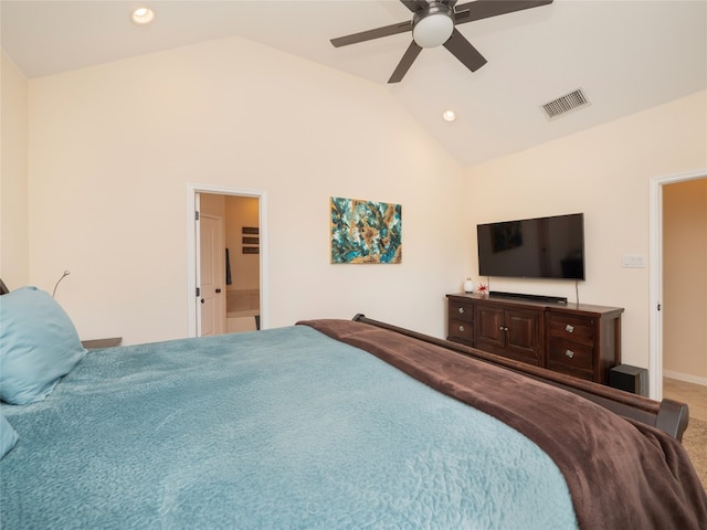 7 Redwood Cir, Wimberley, TX 78676 - carpeted bedroom featuring lofted ceiling, recessed lighting, a ceiling fan, and baseboards