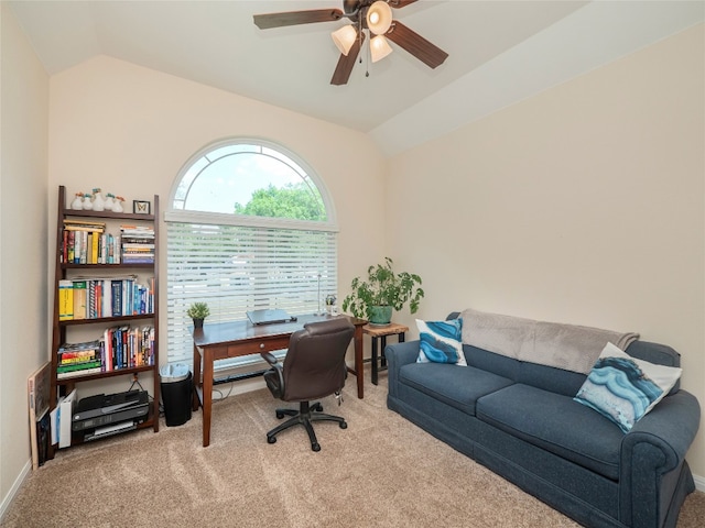 7 Redwood Cir, Wimberley, TX 78676 - office featuring lofted ceiling, carpet floors, a ceiling fan, and baseboards