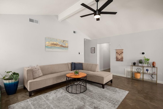 1514 Turtle Creek Blvd, Austin, TX 78745 - living room with ceiling fan, beamed ceiling, finished concrete floors, baseboards, and high vaulted ceiling