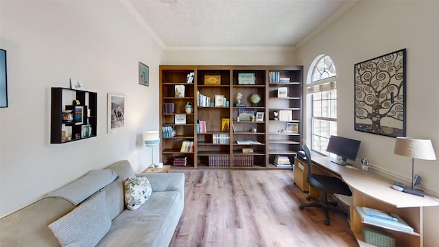4006 Spanish Oak Ln, Dripping Springs, TX 78620 - office area with wood finished floors and ornamental molding