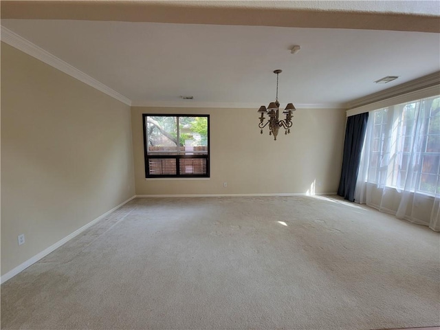 unfurnished room featuring light colored carpet, a chandelier, crown molding, and baseboards