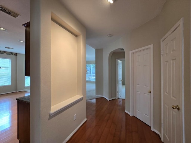 1411 Hunter Ace Way, Cedar Park, TX 78613 - hall featuring arched walkways and dark wood-style floors