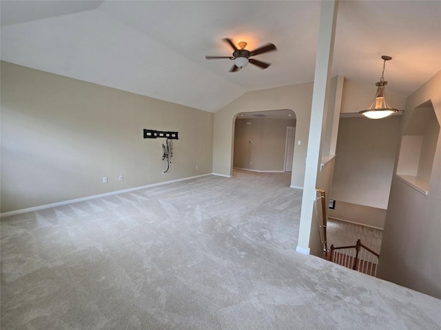 1411 Hunter Ace Way, Cedar Park, TX 78613 - spare room featuring a ceiling fan, vaulted ceiling, carpet flooring, and arched walkways