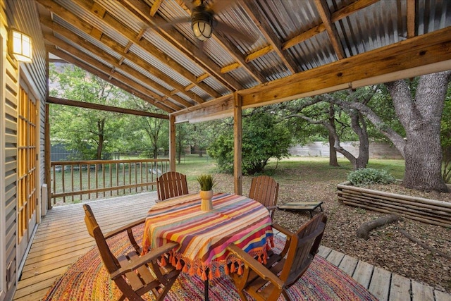 11900 Tunnel Trl, Manchaca, TX 78652 - wooden deck featuring a ceiling fan, a fenced backyard, and outdoor dining area