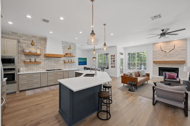 140 Vincas Shadow Ct, Driftwood, TX 78619 - kitchen featuring appliances with stainless steel finishes, gray cabinets, light wood-type flooring, wall chimney exhaust hood, and recessed lighting