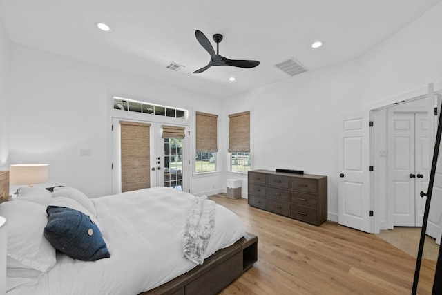 140 Vincas Shadow Ct, Driftwood, TX 78619 - bedroom featuring access to exterior, light wood-style flooring, recessed lighting, and a ceiling fan