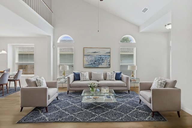 1708 Rockland Dr Unit 177, Austin, TX 78748 - living area featuring high vaulted ceiling, wood finished floors, plenty of natural light, and baseboards