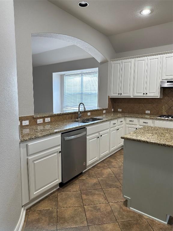 12609 Lee Park Ln, Austin, TX 78732 - kitchen featuring stainless steel dishwasher, a sink, under cabinet range hood, decorative backsplash, and arched walkways