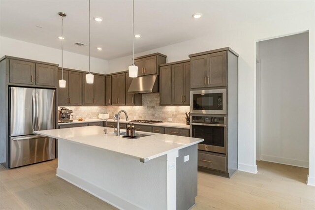 2905 Canto Trce, Leander, TX 78641 - kitchen featuring stainless steel appliances, under cabinet range hood, backsplash, light wood-type flooring, and recessed lighting