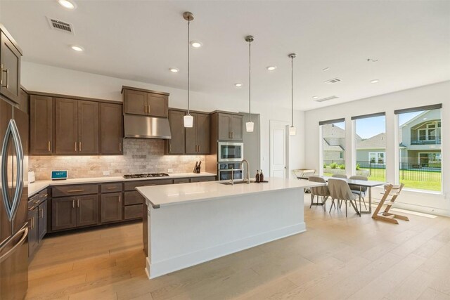 2905 Canto Trce, Leander, TX 78641 - kitchen featuring stainless steel appliances, under cabinet range hood, light wood finished floors, light countertops, and backsplash