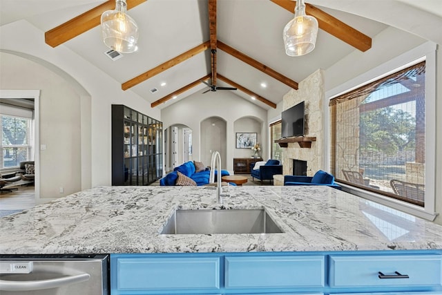101 Aldea St, Georgetown, TX 78633 - kitchen featuring open floor plan, dishwasher, light stone countertops, blue cabinetry, and a ceiling fan