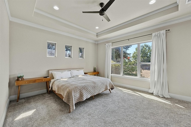 101 Aldea St, Georgetown, TX 78633 - bedroom featuring a tray ceiling, crown molding, carpet, recessed lighting, and a ceiling fan
